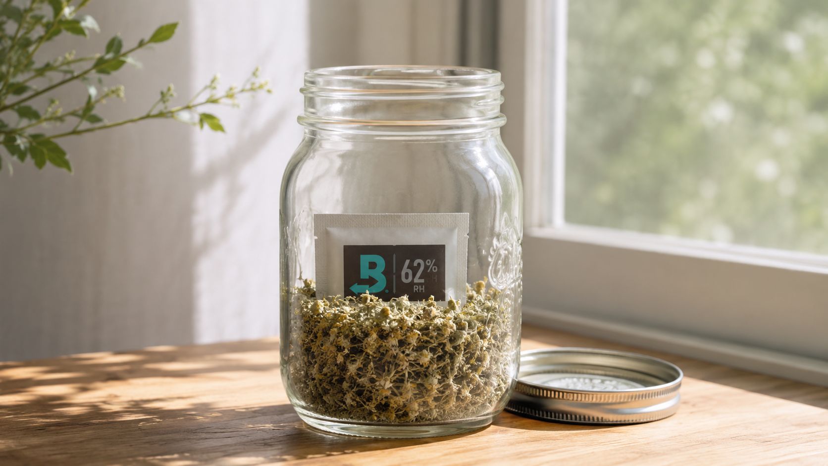 A glass jar containing dried herbs and a humidity control pack sits on a wooden surface.