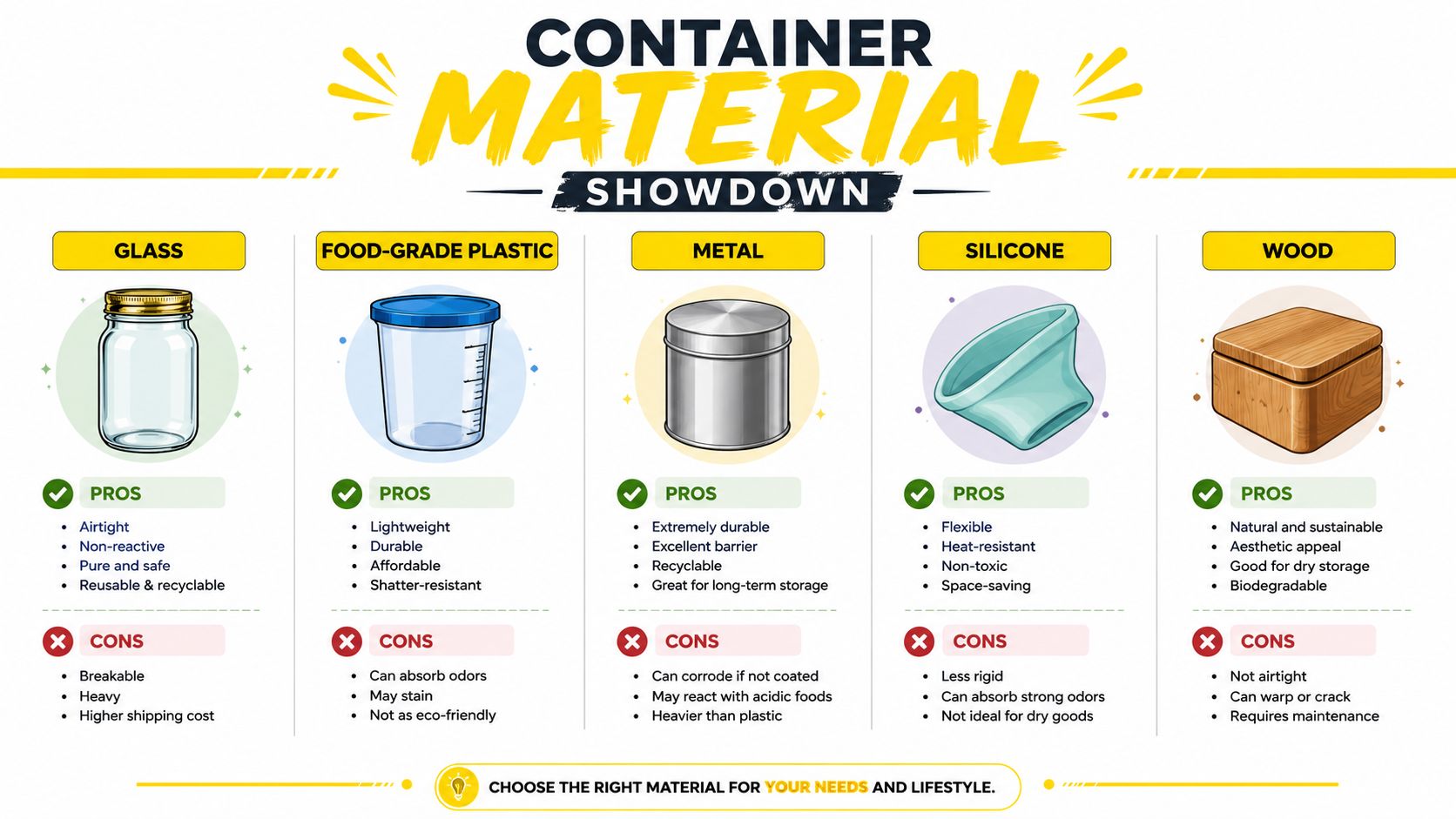 A comparison chart outlining the pros and cons of five different kitchen container materials: glass, plastic, metal, silicone, and wood.