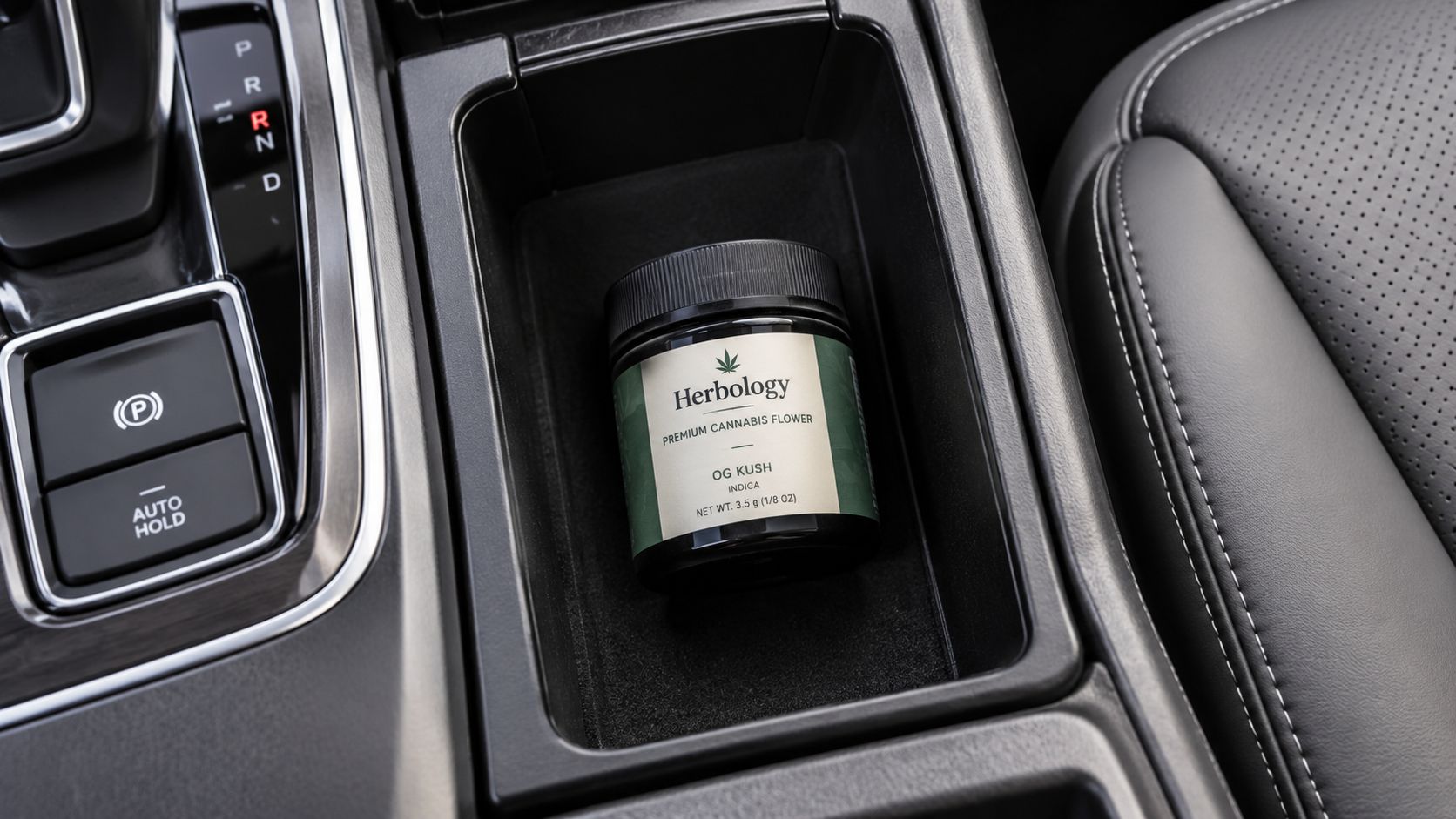 A black jar of Herbology OG Kush cannabis flower sitting in a vehicle center console storage area.