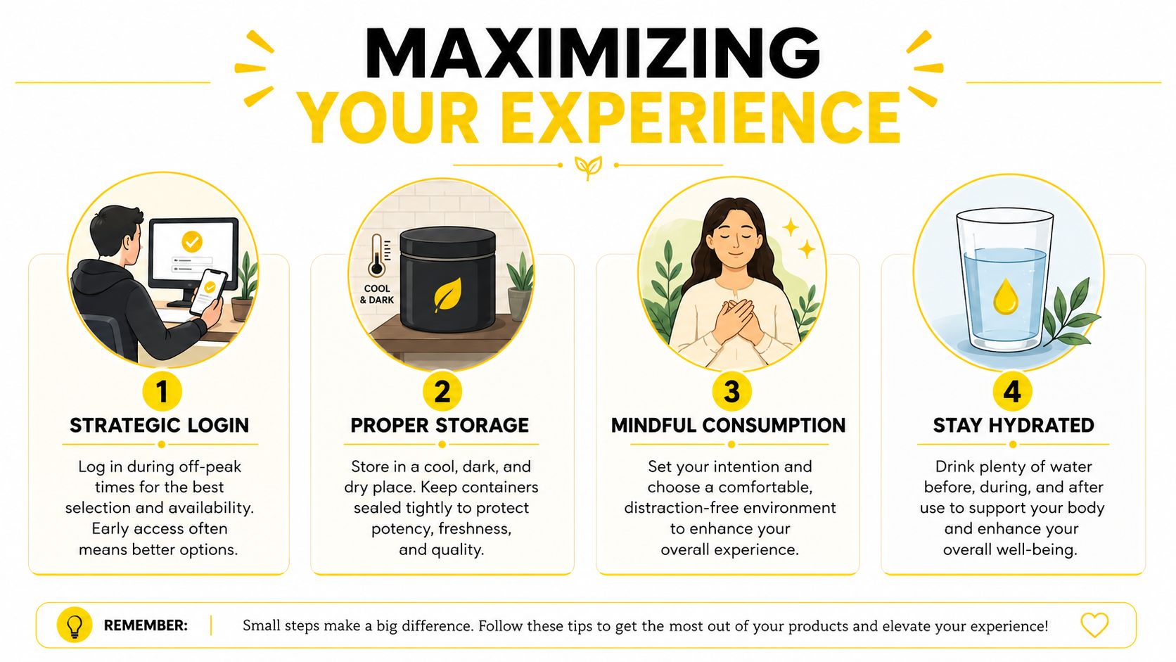 An infographic titled Maximizing Your Experience, showing four numbered steps for product use, storage, and wellness tips.