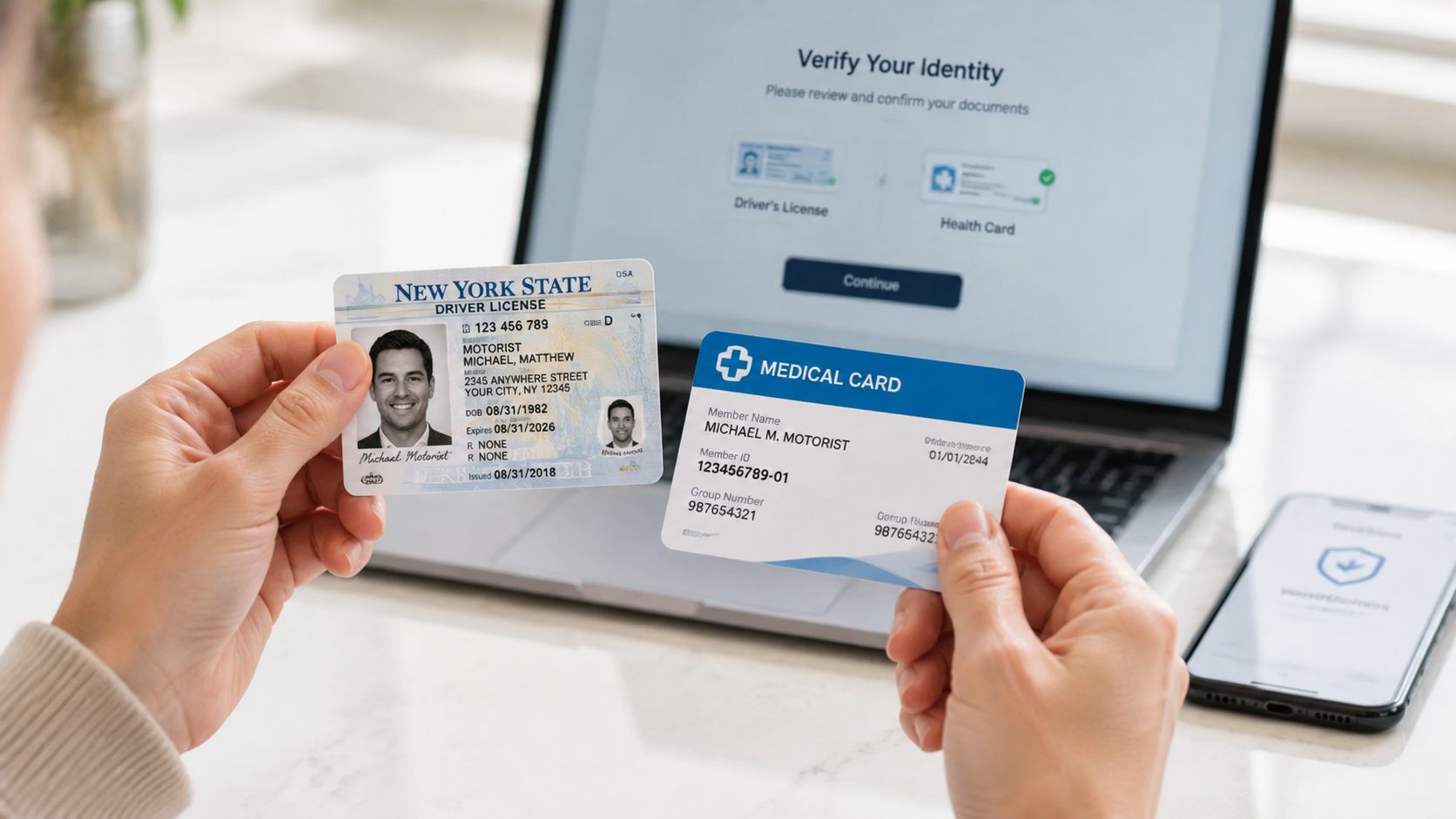 A person holding a New York driver license and a medical insurance card for identity verification.