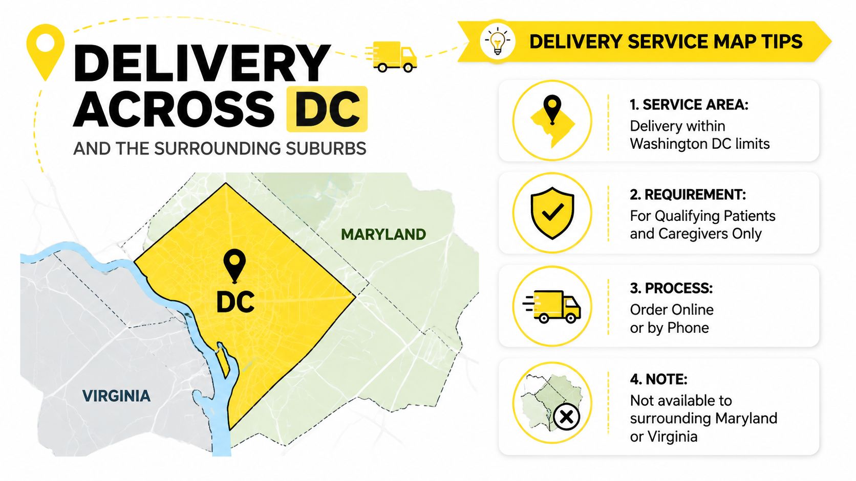 An infographic displaying the delivery service area for a medical dispensary within Washington DC city limits.