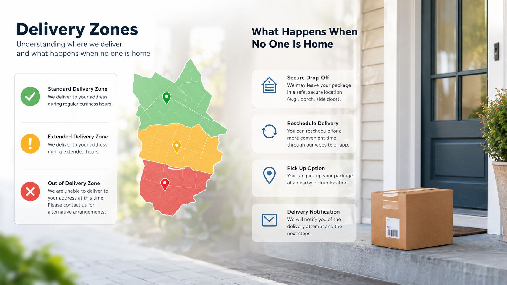 An infographic showing delivery zones and procedures for when a recipient is not home for package deliveries.