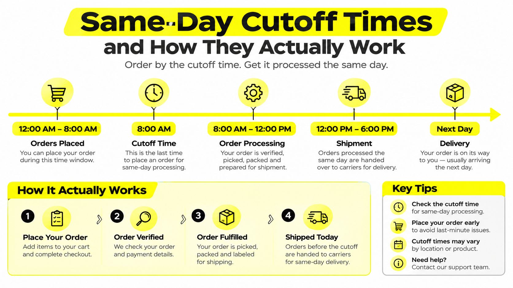 A timeline graphic explaining the same-day order cutoff times and the order processing and delivery workflow.