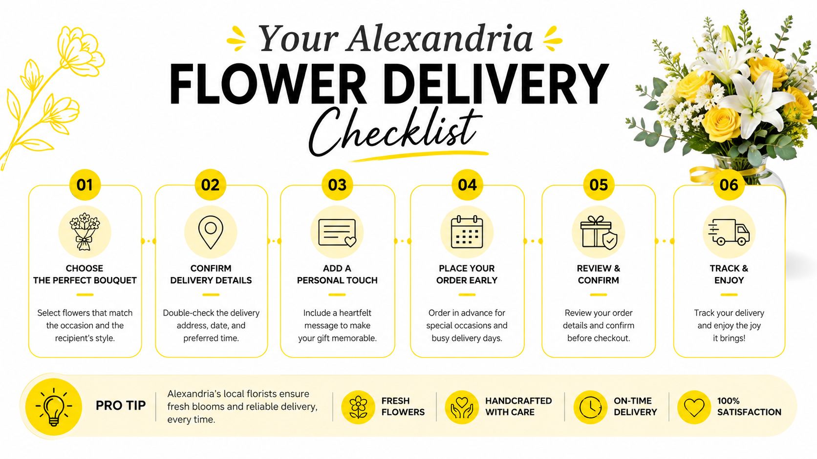 A six-step infographic checklist for ordering flower delivery in Alexandria, featuring tips on selecting bouquets and tracking orders.