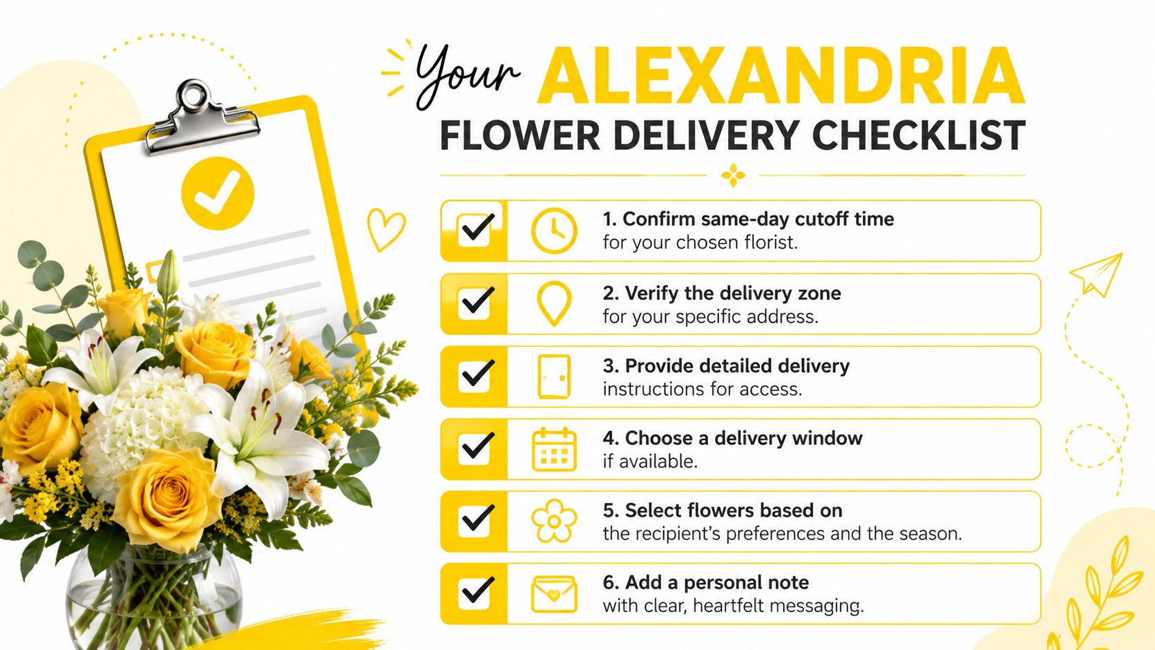 A helpful checklist for flower delivery in Alexandria featuring a bouquet of yellow roses and lilies.