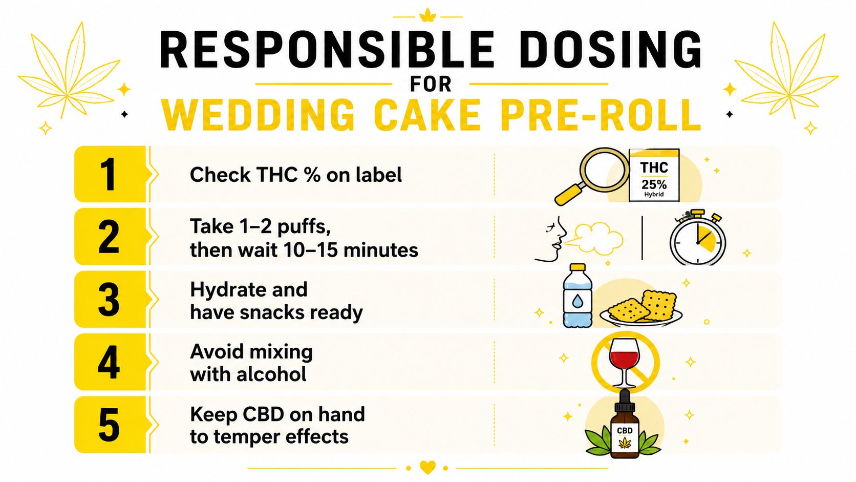 A five-step guide on responsible dosing for a Wedding Cake pre-roll cannabis product with helpful icons.