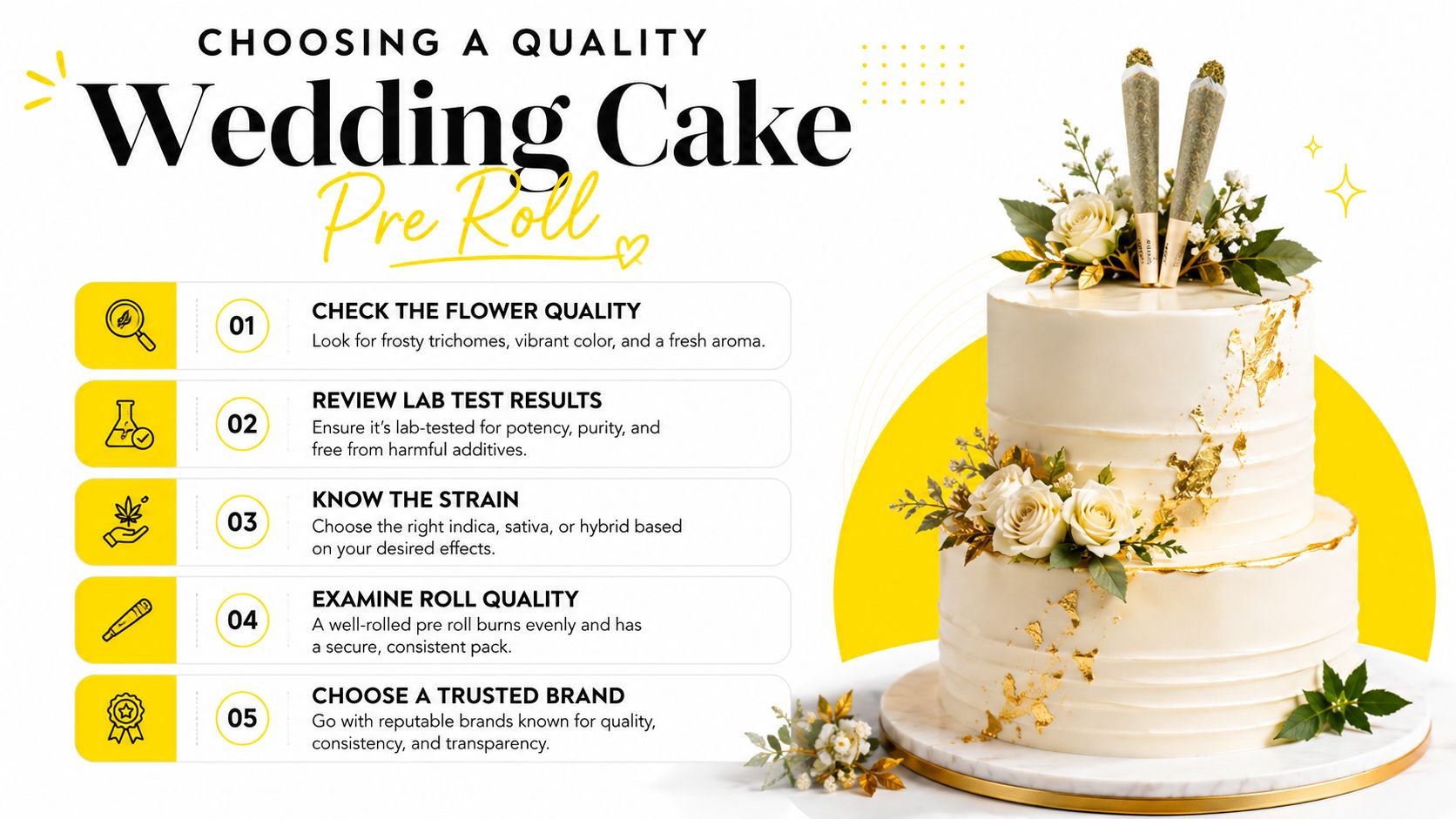 A list of five tips for choosing a quality Wedding Cake strain pre-roll, displayed next to a cake.