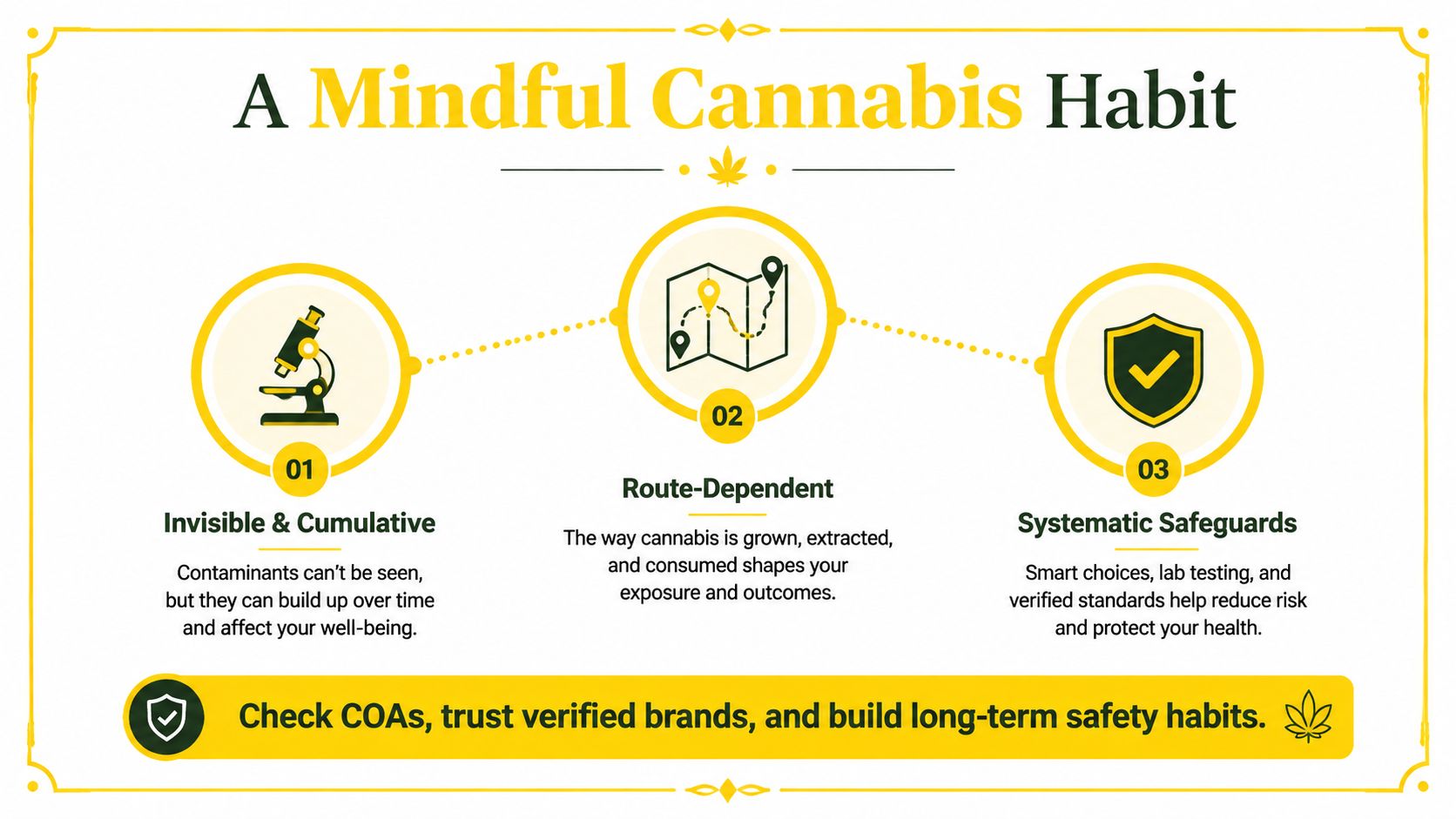 An infographic titled A Mindful Cannabis Habit explaining risks and safety measures for cannabis consumption.