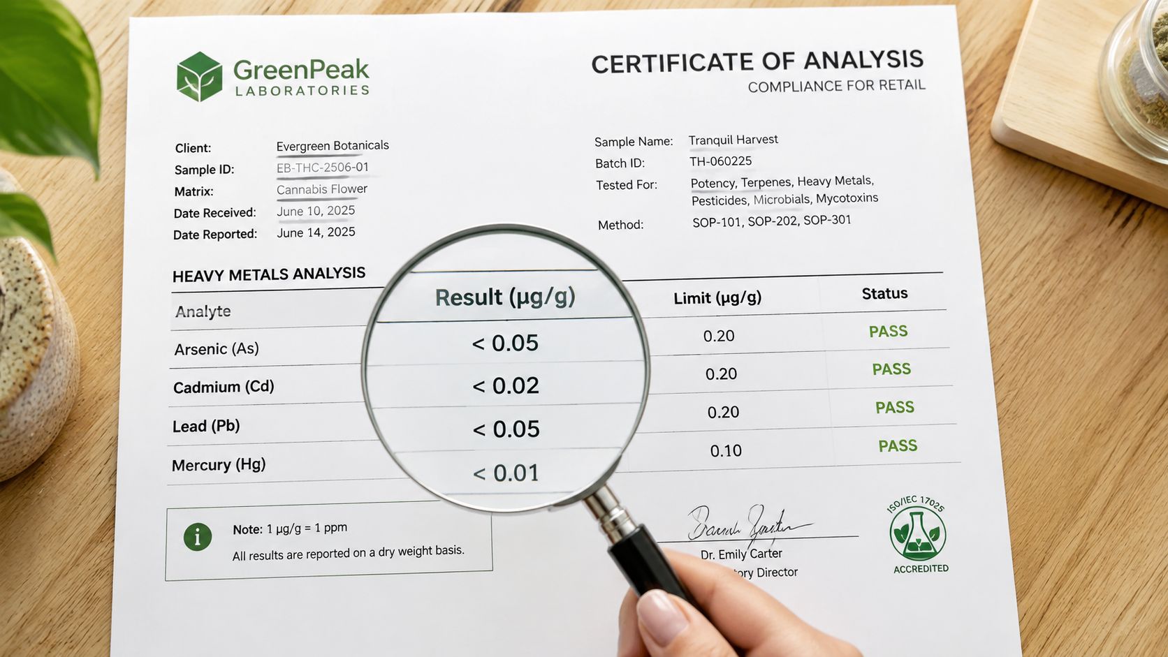 A magnifying glass focusing on the heavy metals analysis section of a GreenPeak Laboratories certificate of analysis.
