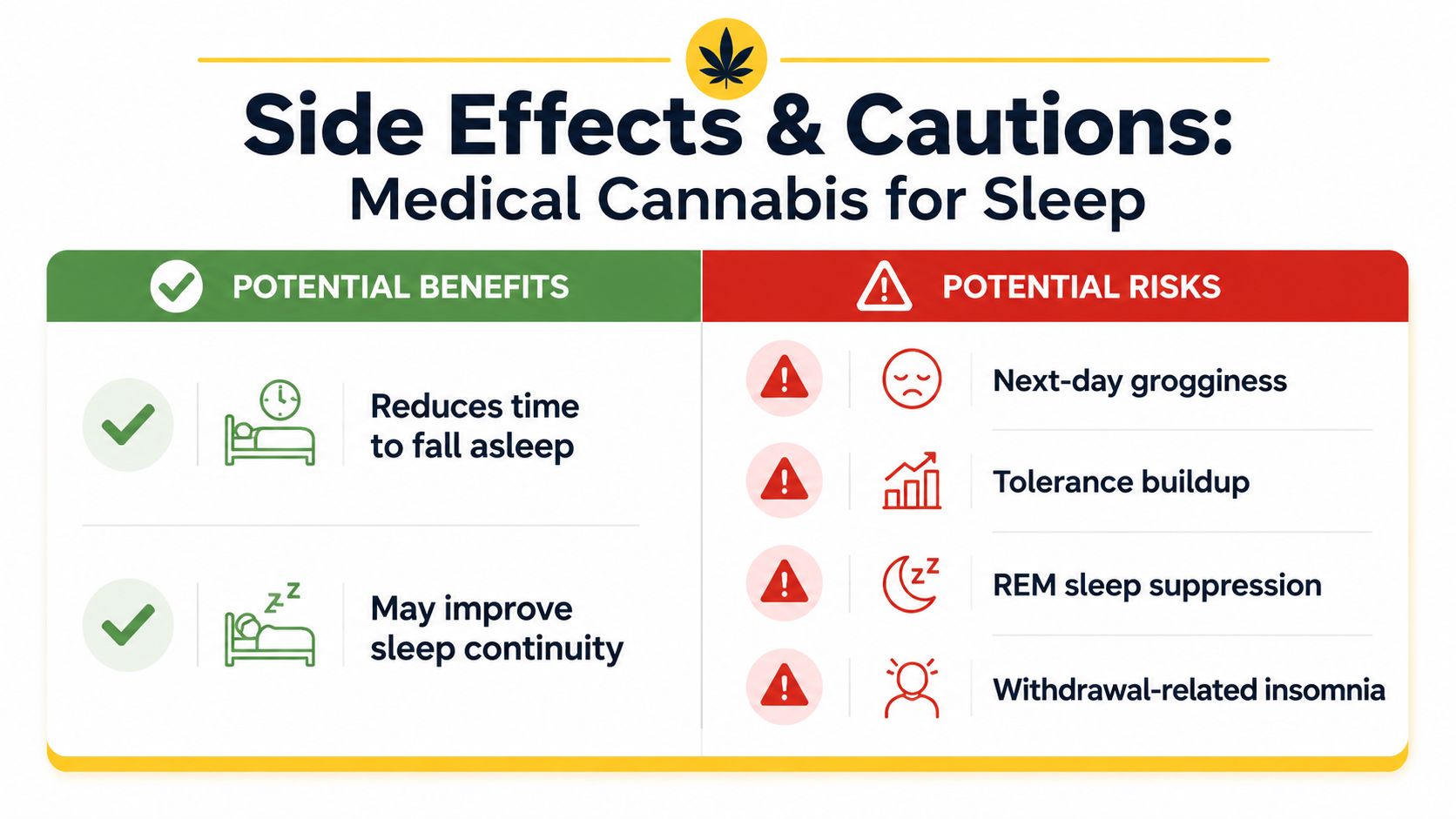 A chart comparing the potential benefits and risks of using medical cannabis to treat sleep issues.
