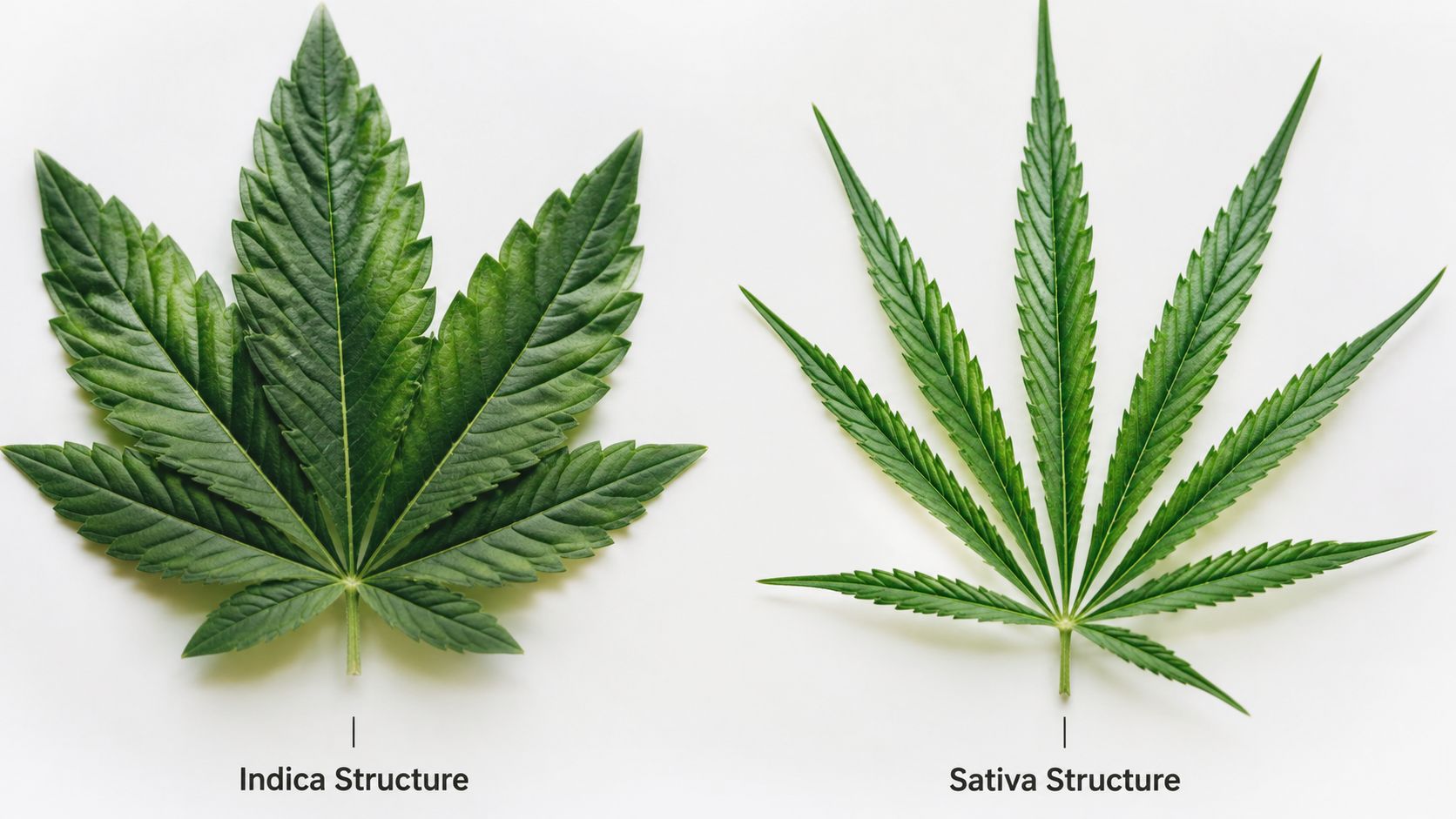 A side-by-side comparison showing the wider leaf of an indica strain and the thin, slender sativa leaf.