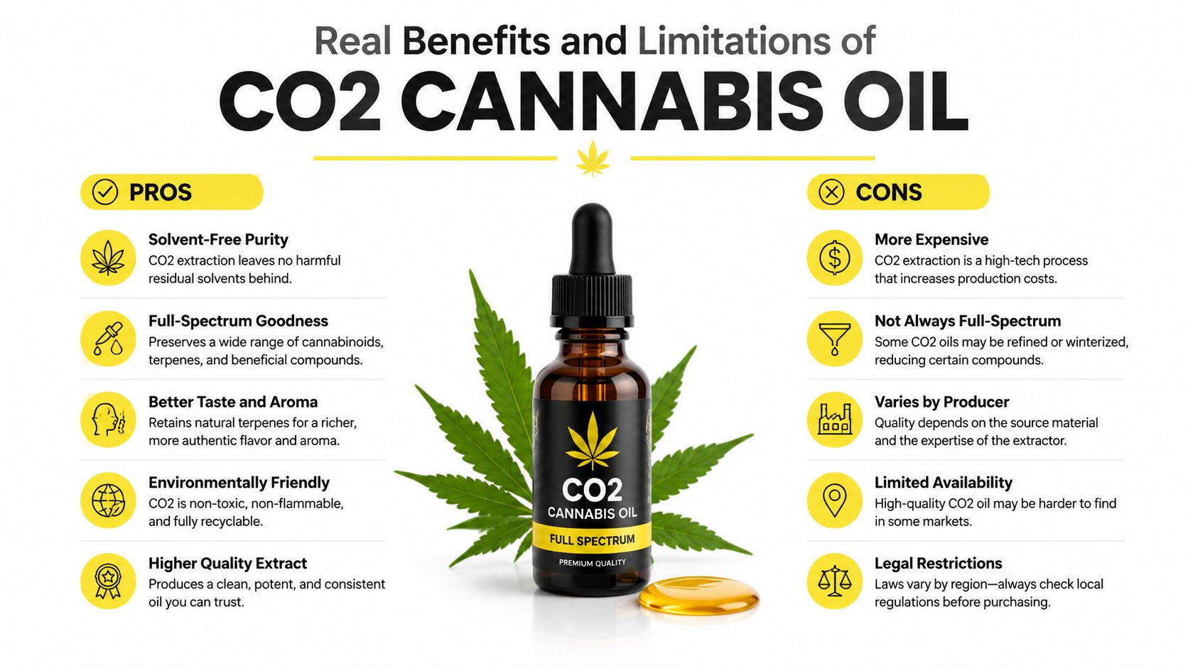 An infographic detailing the pros and cons of CO2 cannabis oil, featuring a dropper bottle in center.