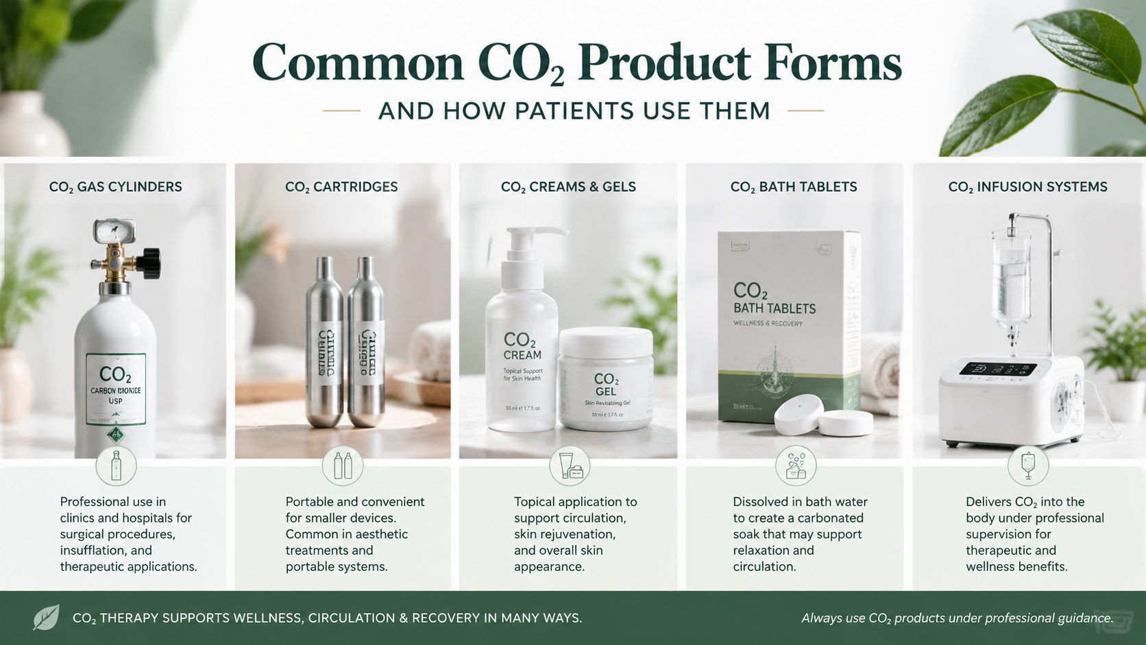 An infographic displays five common types of CO2 products and their therapeutic uses for patients.