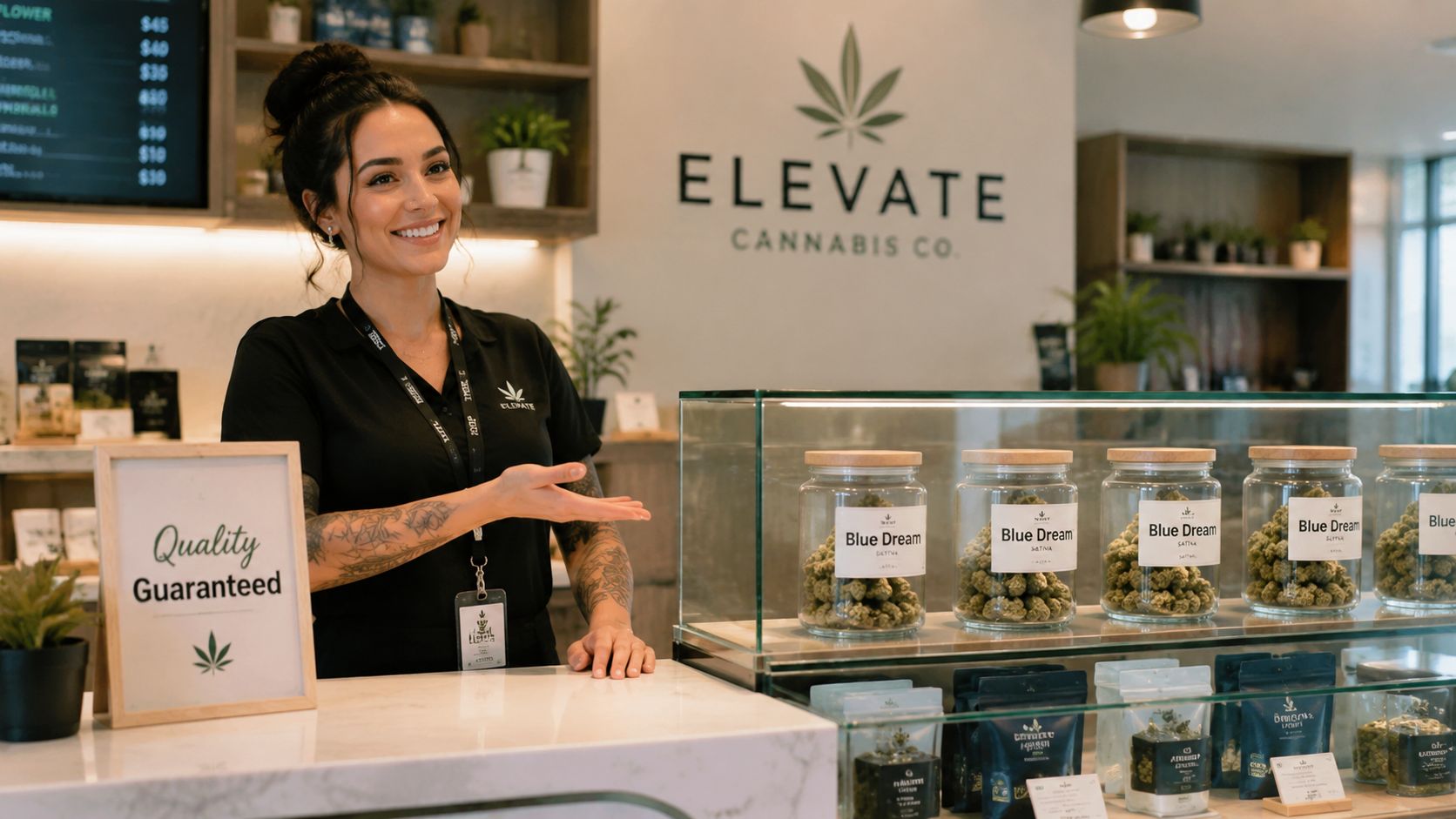 A friendly female employee standing at the counter of a modern cannabis dispensary with Blue Dream flower.