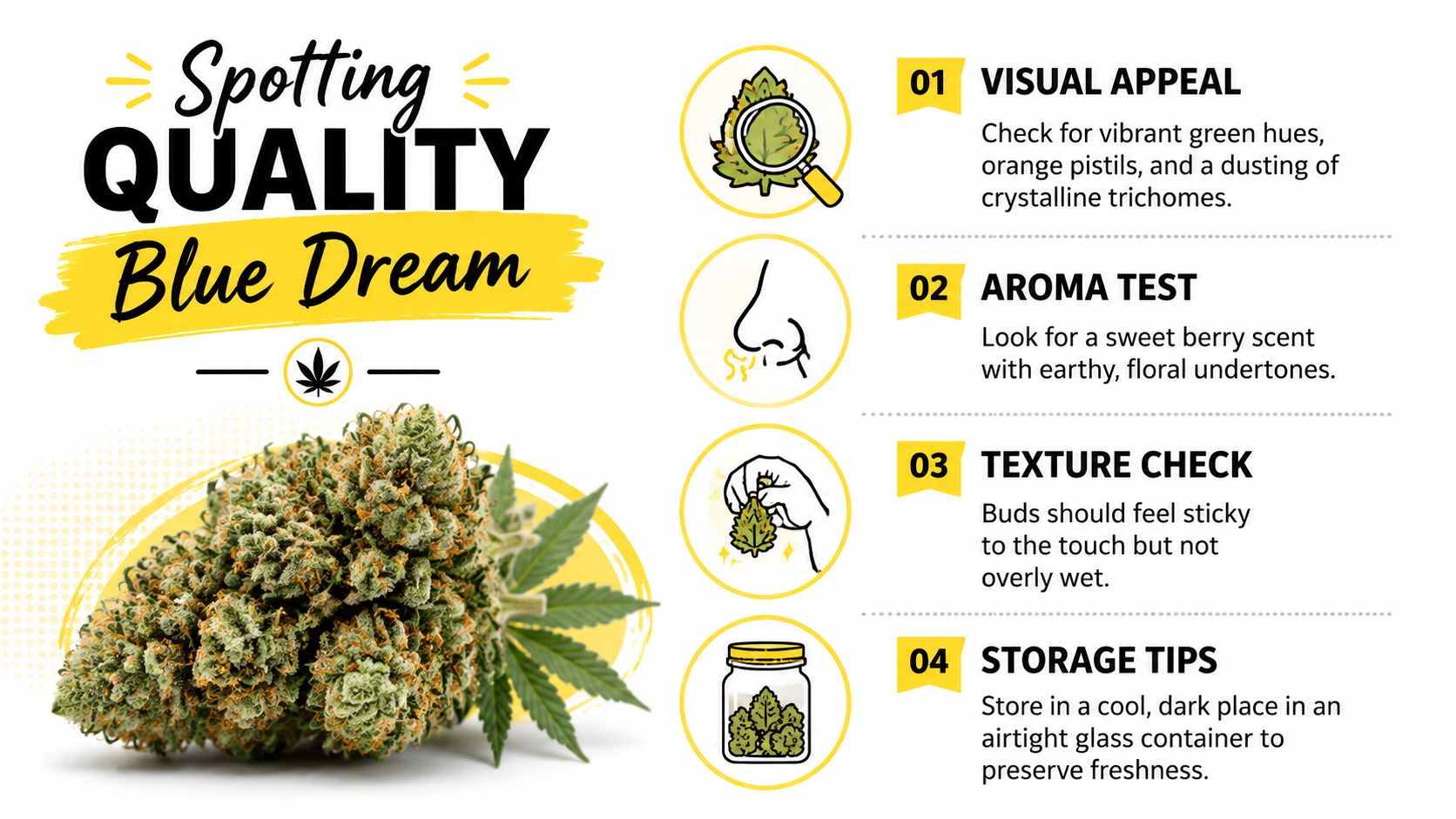 An infographic titled Spotting Quality Blue Dream showing how to evaluate cannabis quality with four steps.