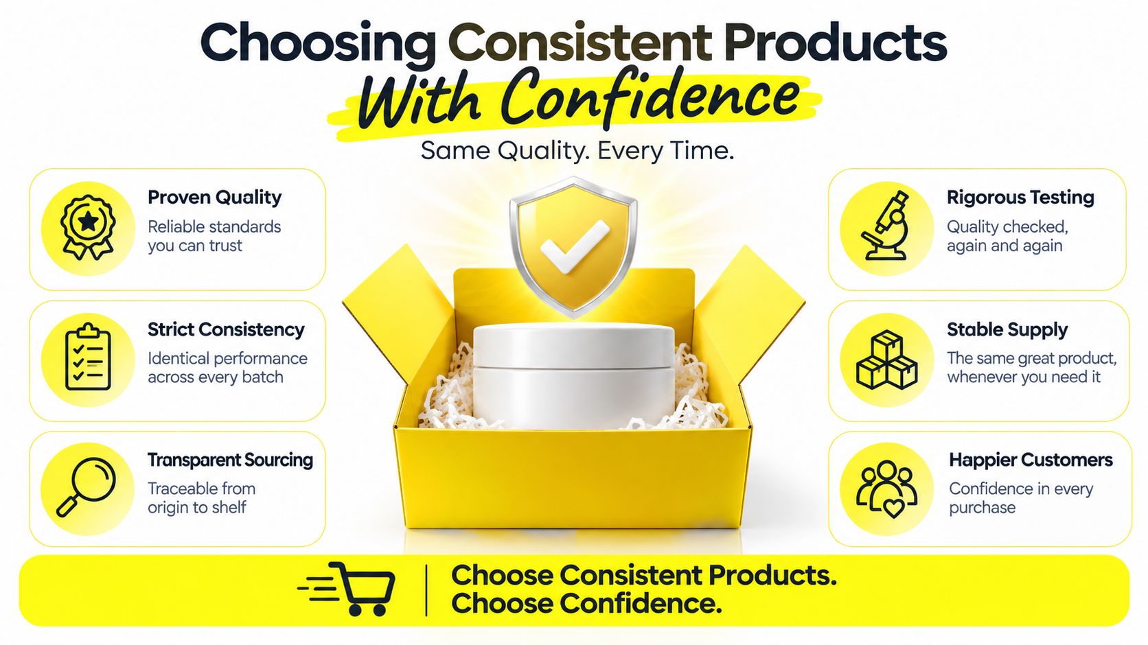 A marketing infographic illustrating the importance of choosing consistent, high-quality products for customer trust and satisfaction.