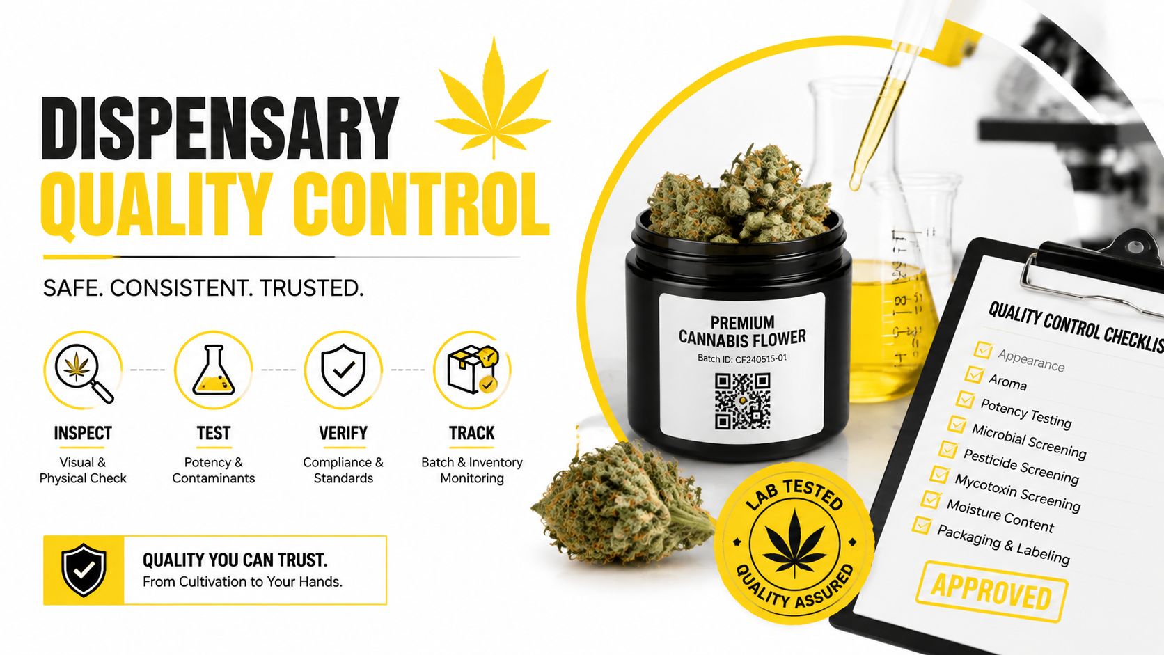 A professional infographic detailing the quality control and safety testing process for premium cannabis flower products.