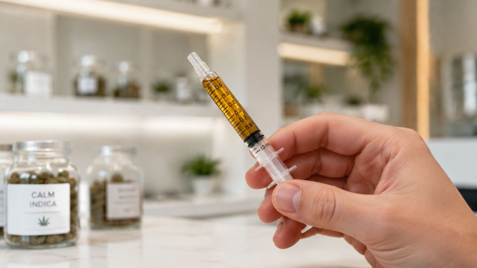 A person holding a clear plastic syringe filled with amber cannabis oil in a dispensary setting.