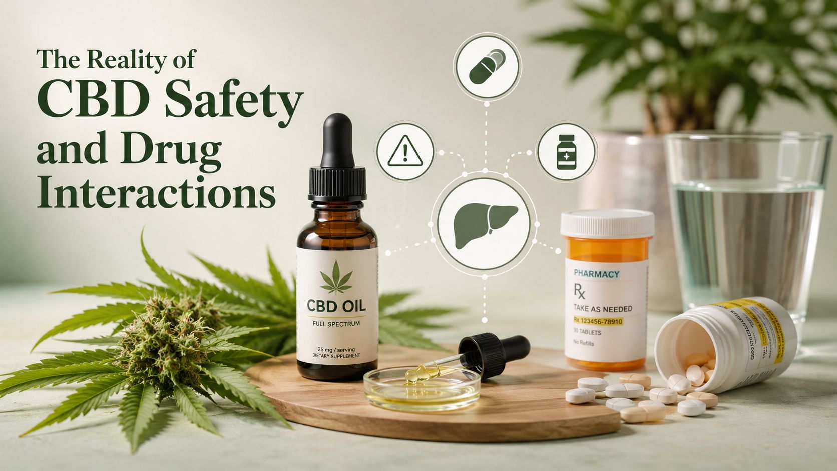 A bottle of CBD oil and prescription medication sitting on a table with an infographic about liver health.