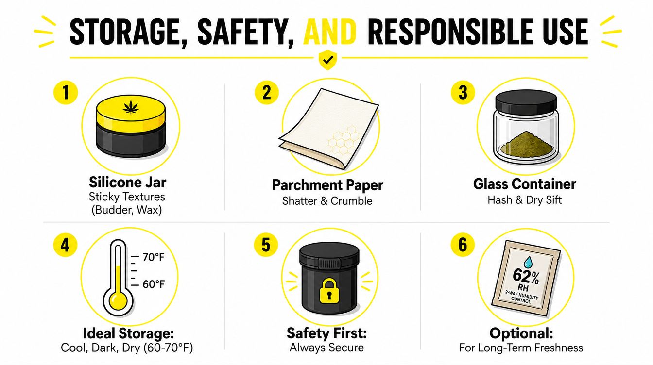 An infographic illustrating six tips for storing cannabis concentrates, including recommended containers and environmental conditions.
