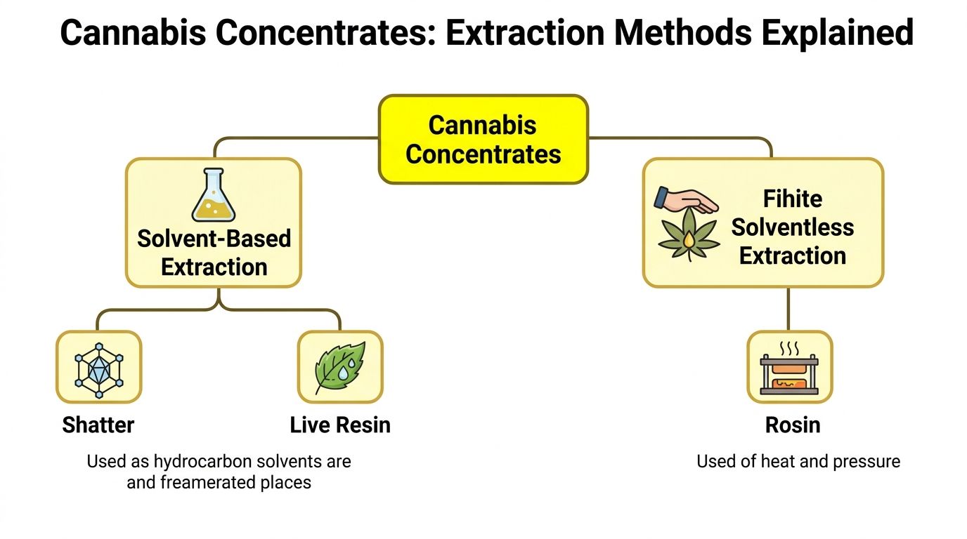 An educational flow chart illustrating common extraction methods for producing various types of cannabis concentrates.