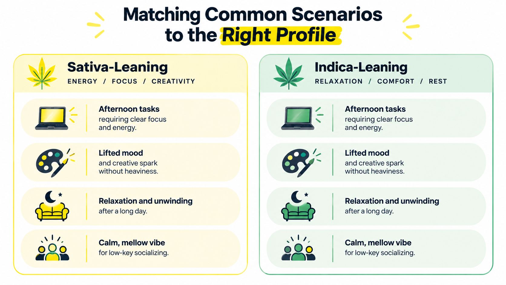 A comparison chart matching common lifestyle scenarios to Sativa-leaning and Indica-leaning cannabis profiles for different needs.