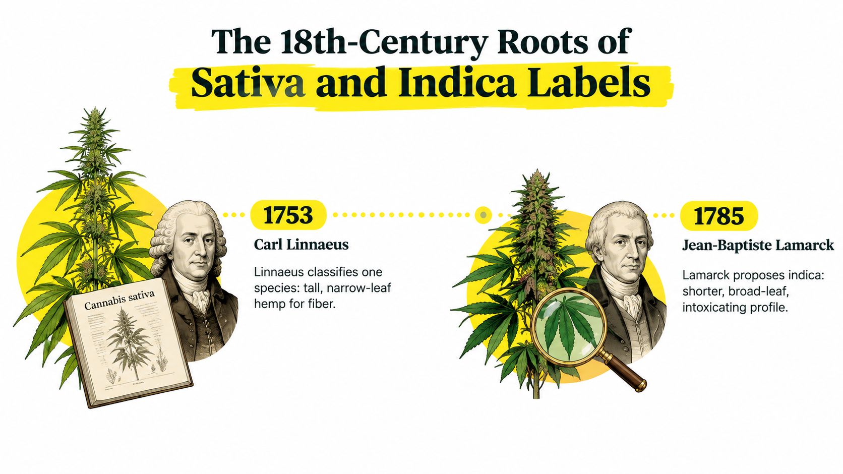 A historical timeline infographic explaining the 18th-century origins of Cannabis sativa and indica classifications by scientists.