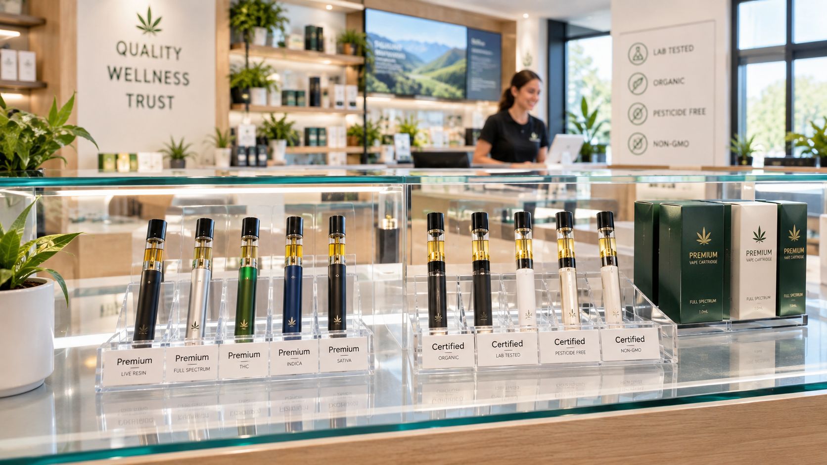 A display case filled with high-quality vape cartridges and cannabis products in a clean, modern dispensary setting.