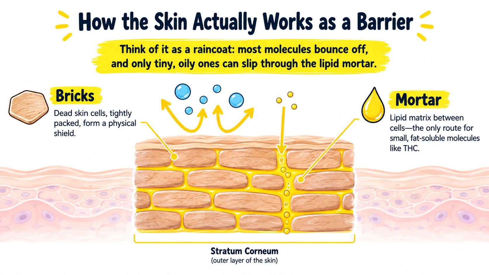 A diagram illustrating how the skin's stratum corneum acts as a barrier to molecules using a brick-and-mortar analogy.