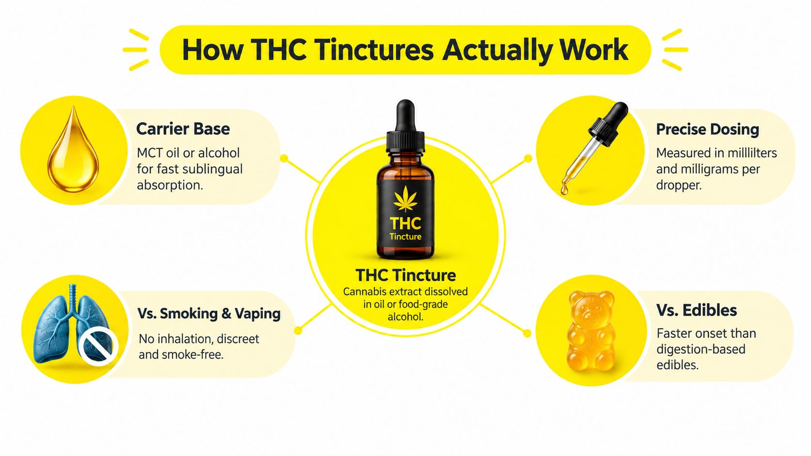 An infographic explaining how THC tinctures work, highlighting their delivery method, dosing, and benefits over other methods.