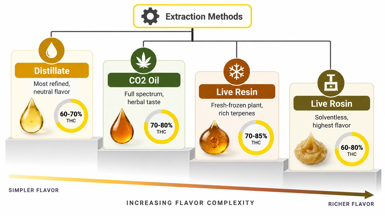 A comparison chart showing four different cannabis extraction methods: Distillate, CO2 Oil, Live Resin, and Live Rosin.