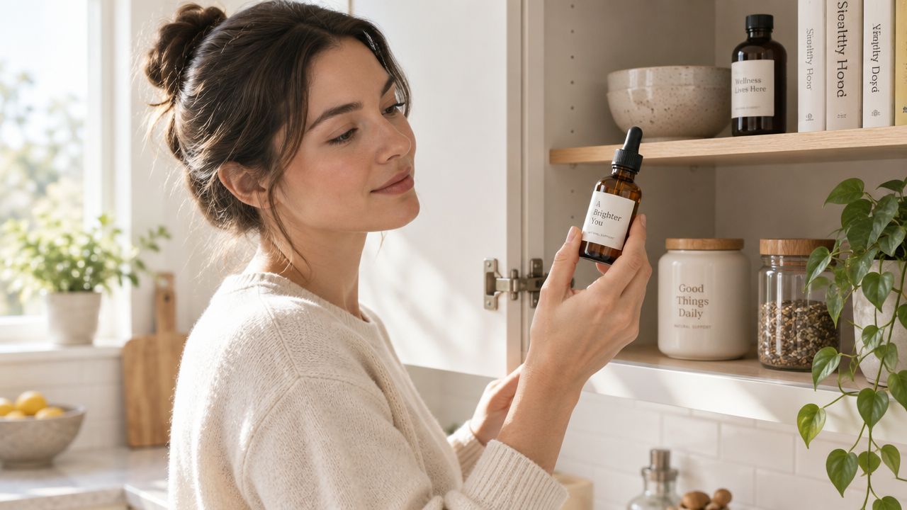 A woman holding a dropper bottle of tincture while organizing wellness products in her bright kitchen cabinet.