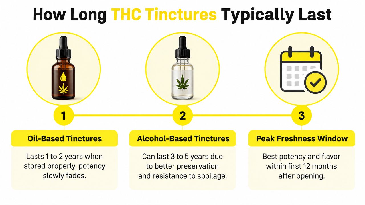 An infographic illustrating the shelf life of oil-based and alcohol-based THC tinctures with freshness guidelines.