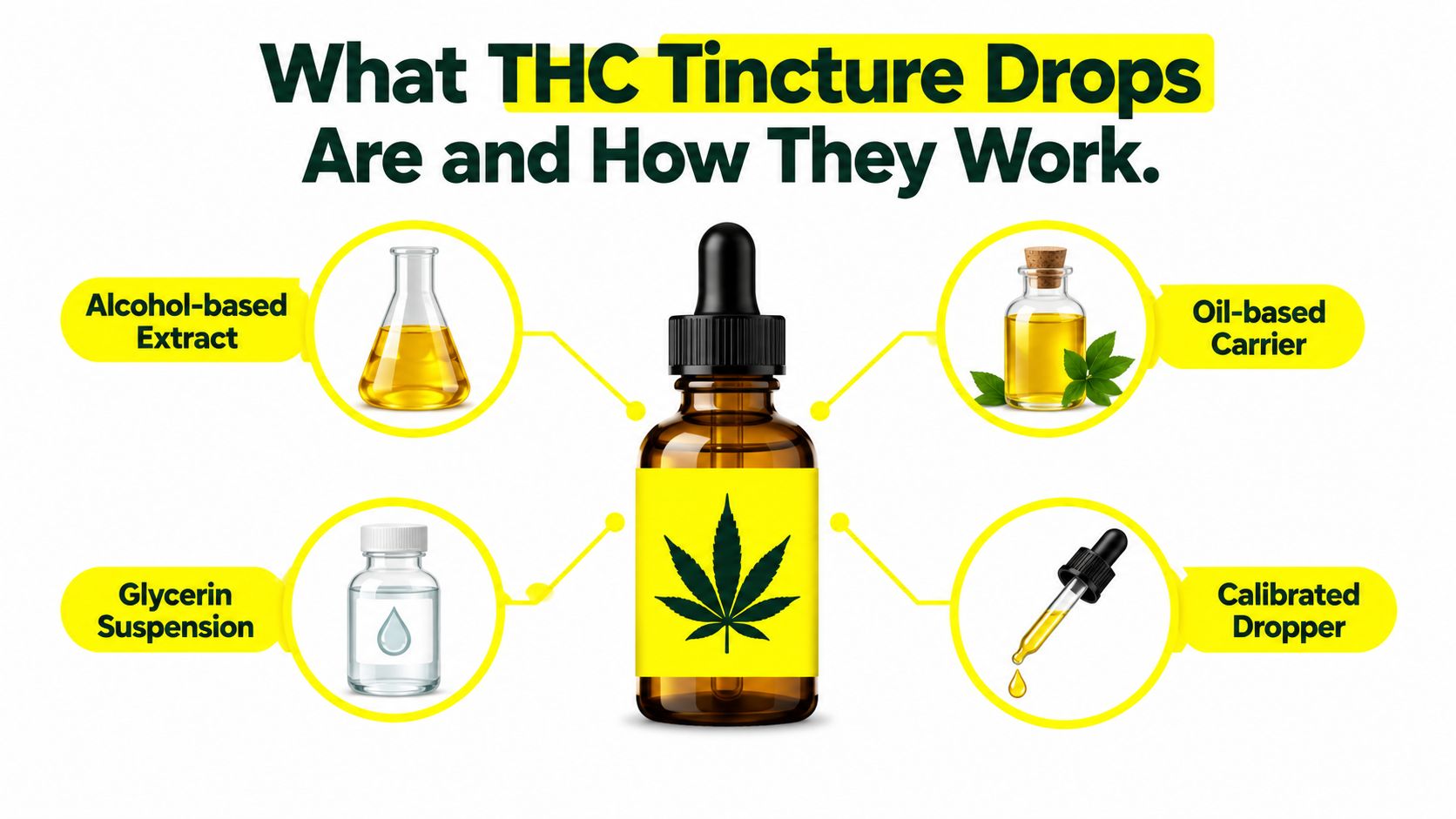 An infographic illustrating components of THC tincture drops including extracts, carriers, and a calibrated dosing dropper.
