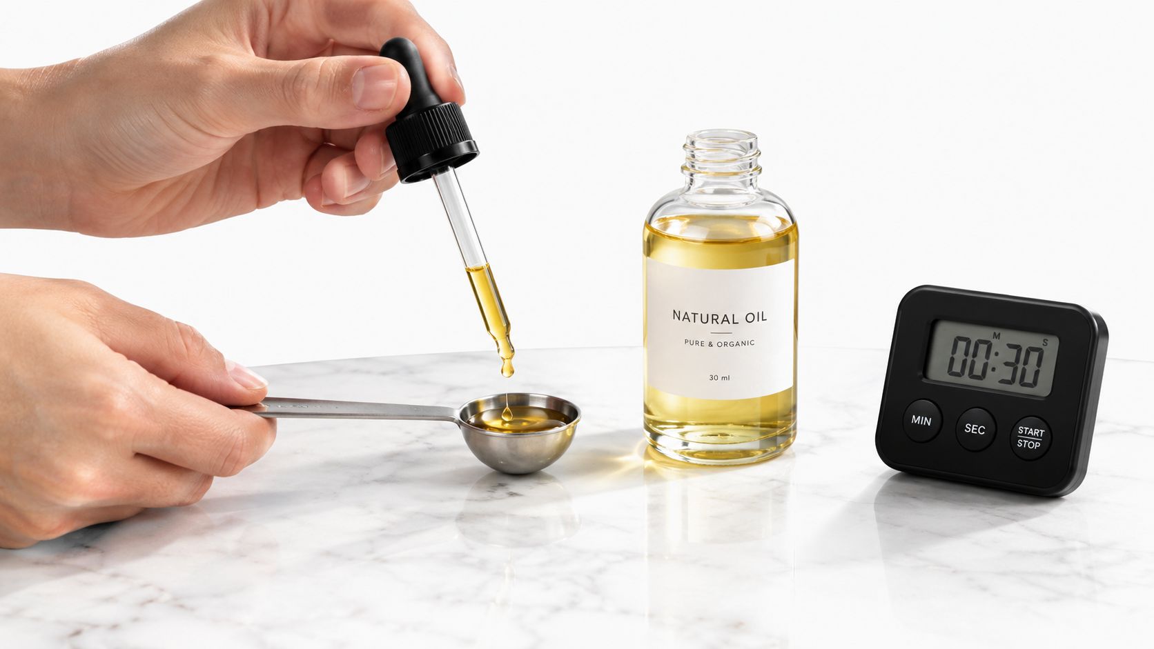 A hand uses a glass dropper to add natural oil into a measuring spoon beside a digital timer.