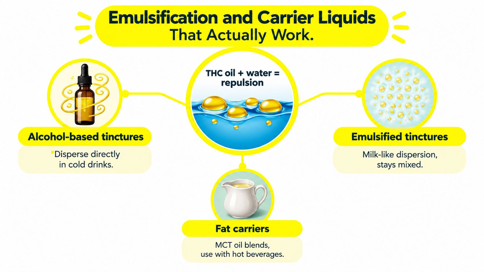 A diagram explaining methods for mixing THC into beverages using alcohol, fat carriers, or emulsification techniques.
