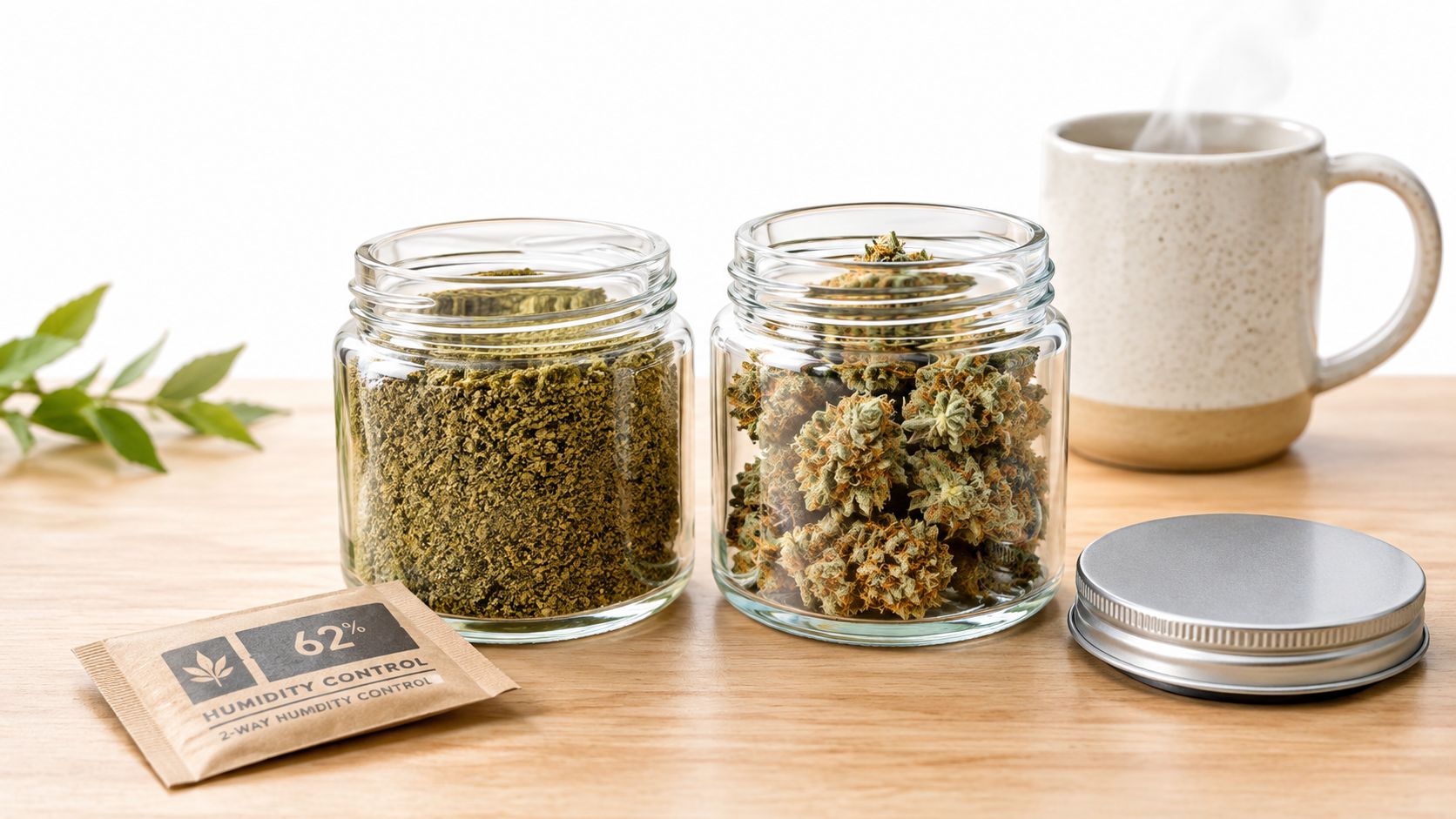 Two glass jars containing cannabis flower and ground herb alongside a humidity control pack on wood.