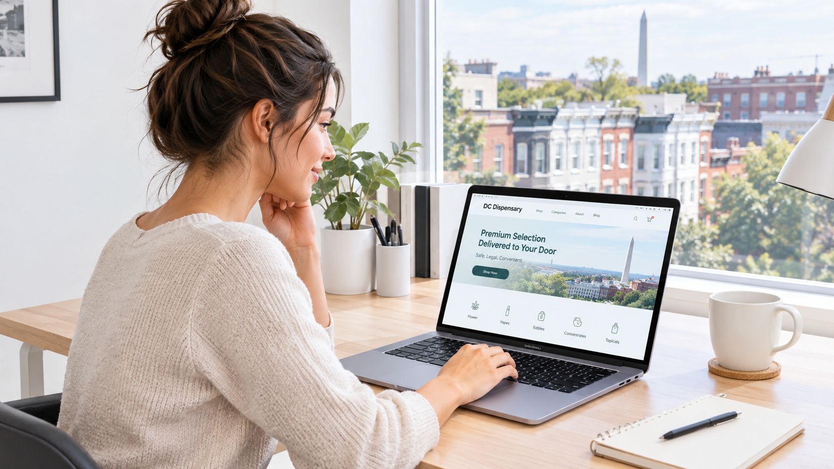 A woman working on a laptop displaying a cannabis dispensary website at a bright desk.