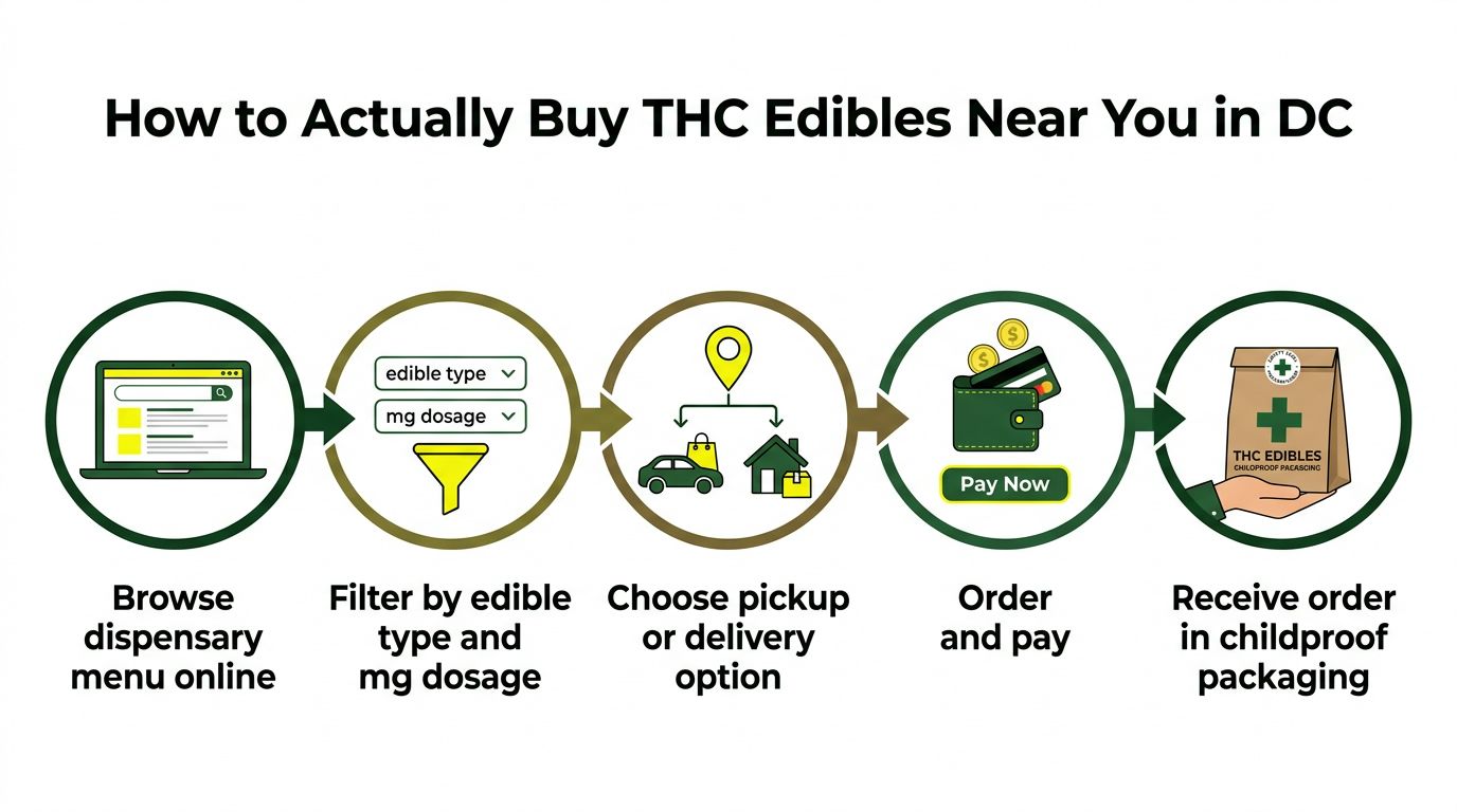 A five-step infographic showing how to buy THC edibles in DC through an online dispensary menu.