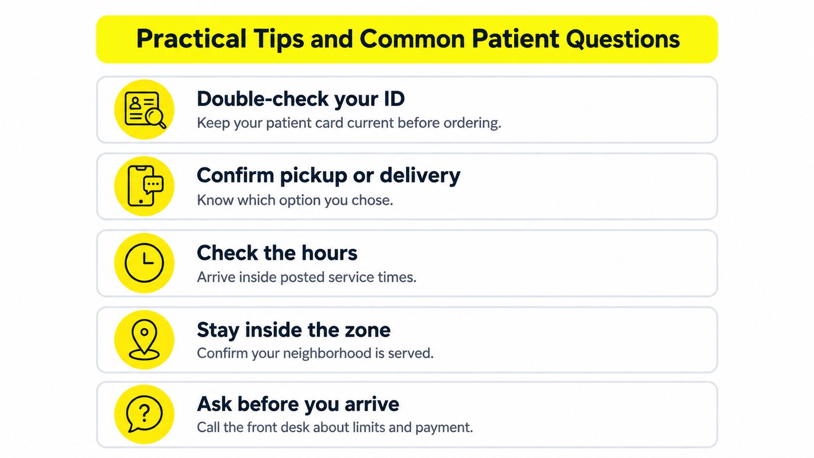 A list of five practical tips for patients regarding pharmacy ordering, pickup, delivery, and service procedures.