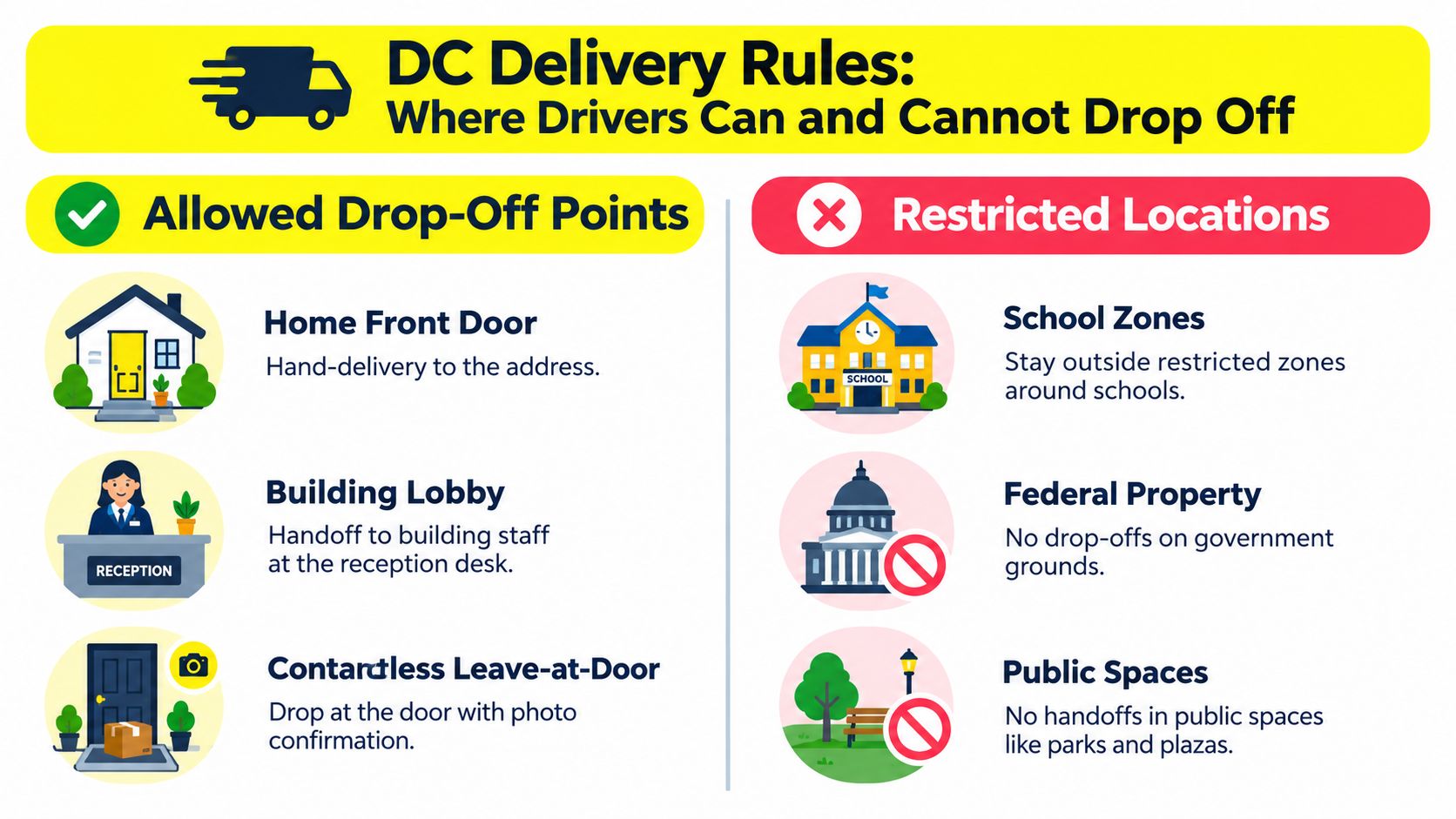 An infographic detailing DC delivery rules for drivers, including allowed drop-off points and restricted locations.