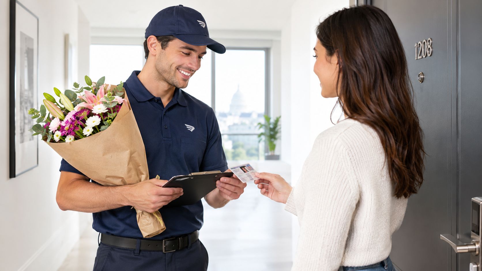 A delivery man in a blue uniform delivering a bouquet of flowers to a customer in Washington DC
