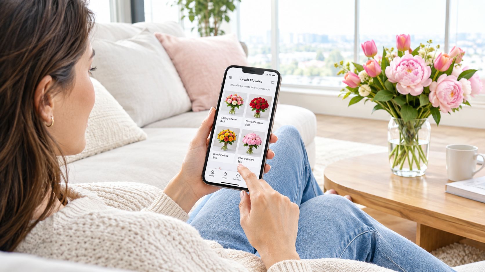 A woman holding a smartphone displaying a flower shop app while sitting on a comfortable sofa.