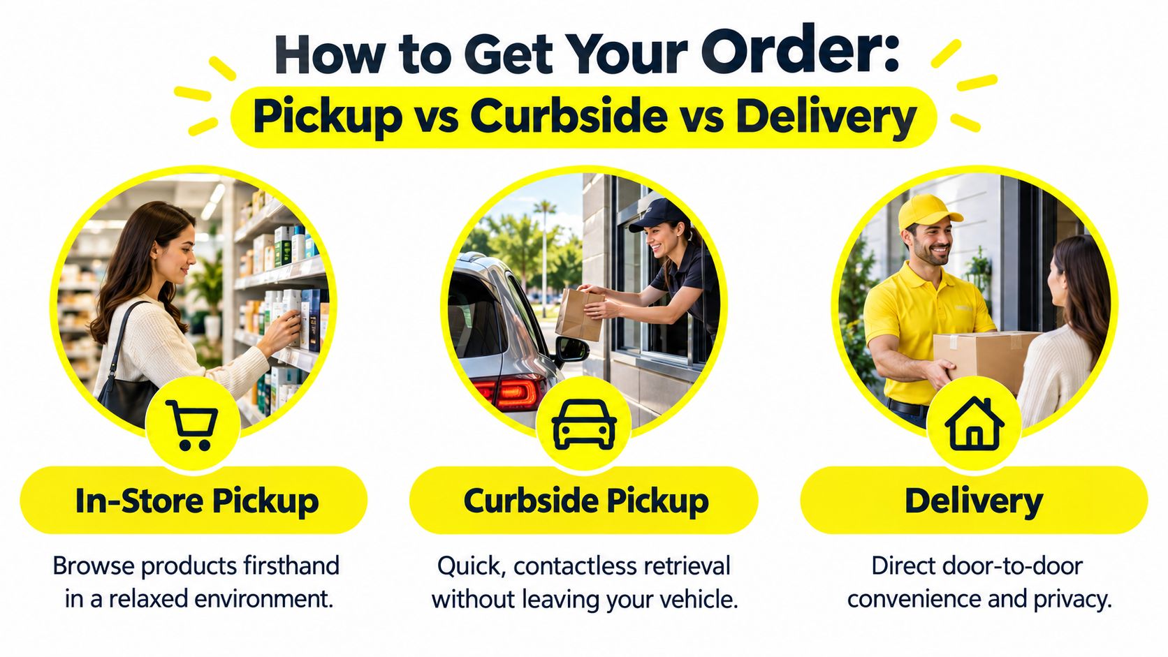 A graphic showing three ways to get orders including in-store pickup, curbside pickup, and home delivery.