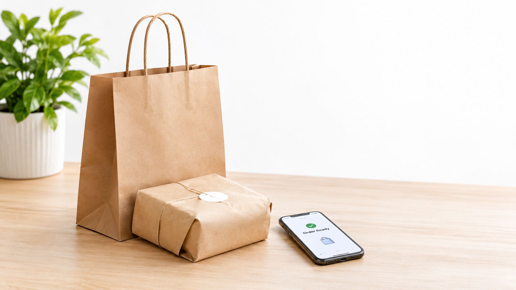 A brown paper shopping bag and a small wrapped parcel sit next to a smartphone showing order status.