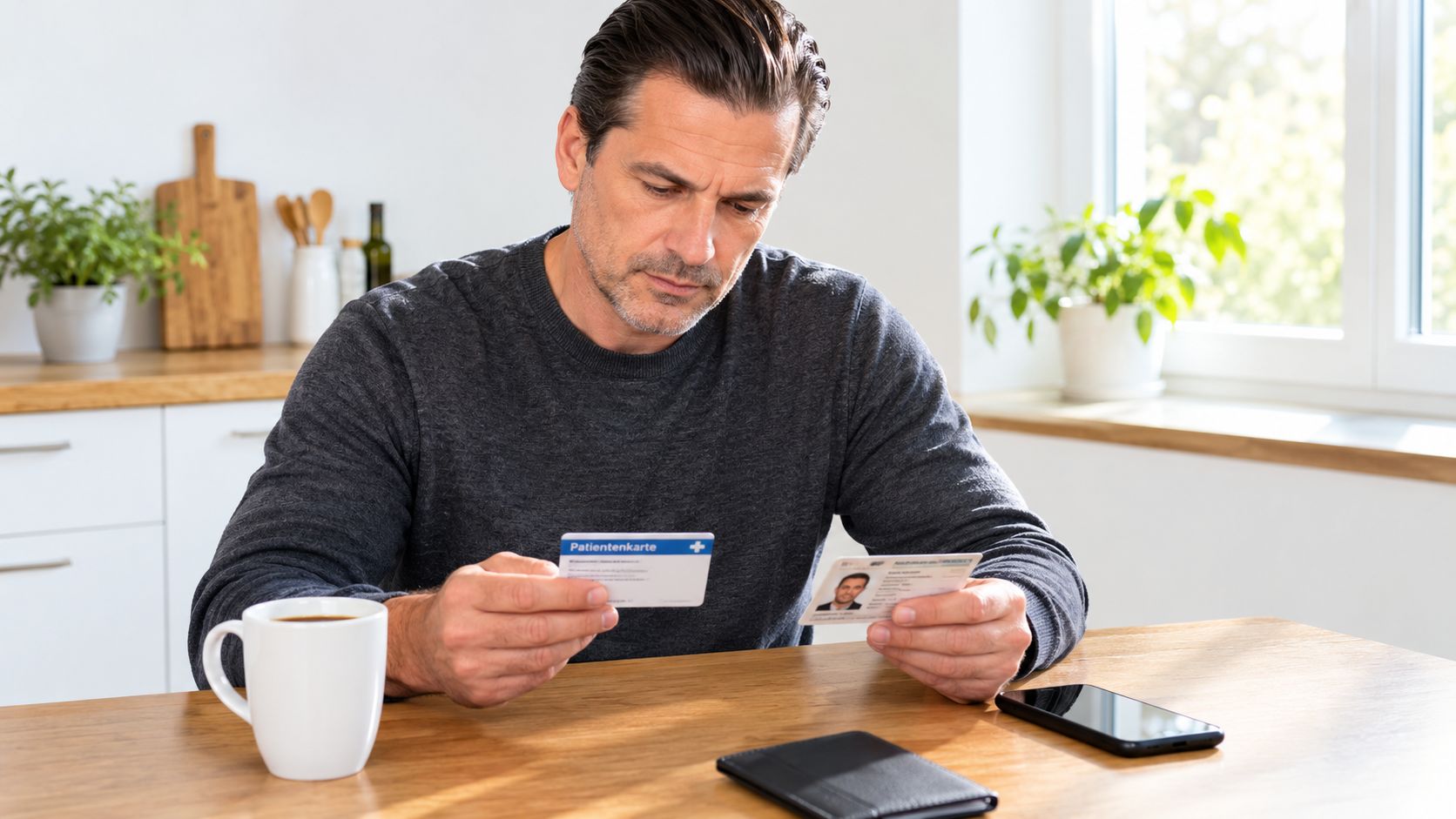 A middle-aged man sitting at a wooden table looking at his patient card and identification document.
