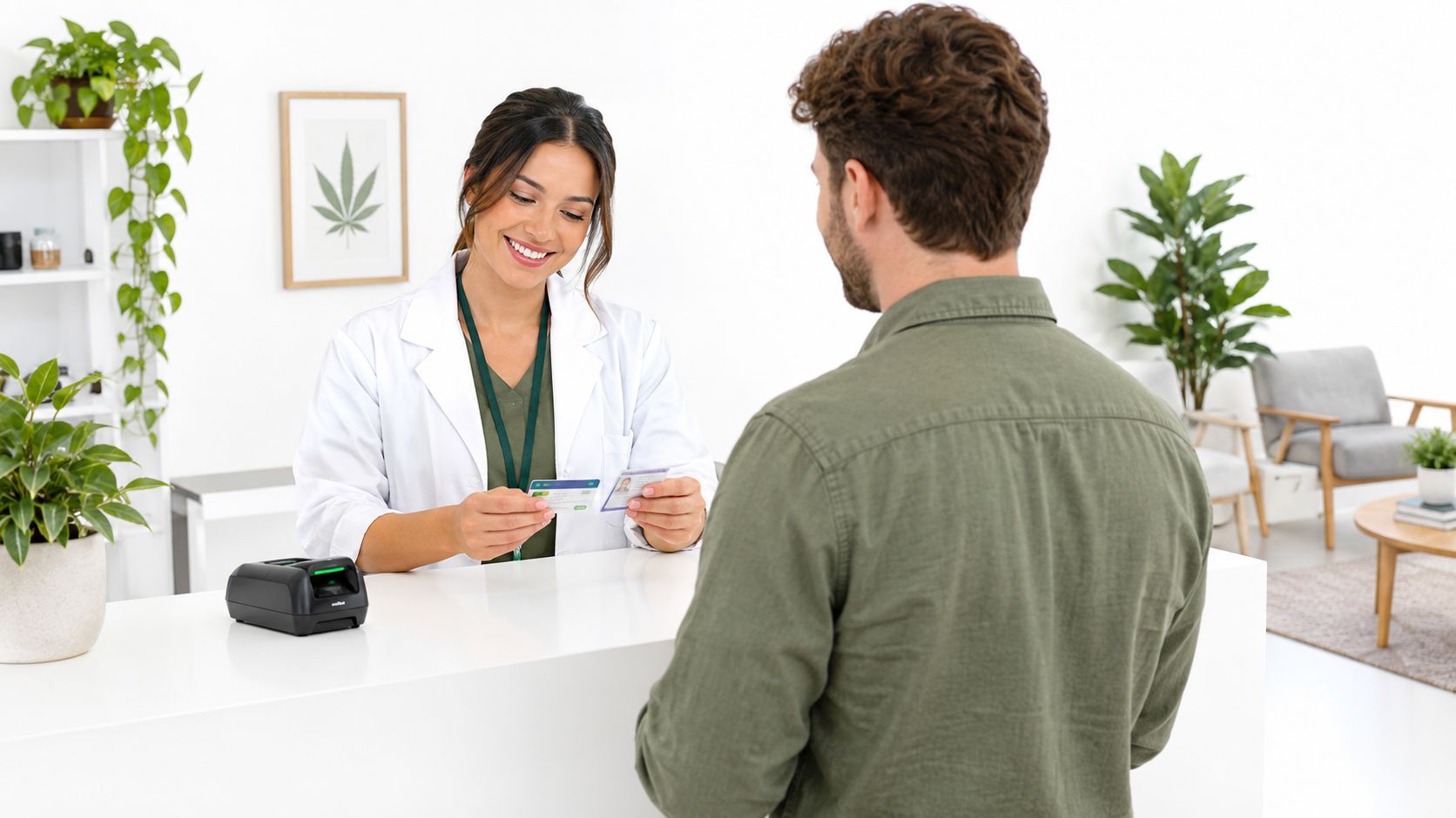 A friendly pharmacist reviews a patient's identification cards at a clean and professional medical reception desk.