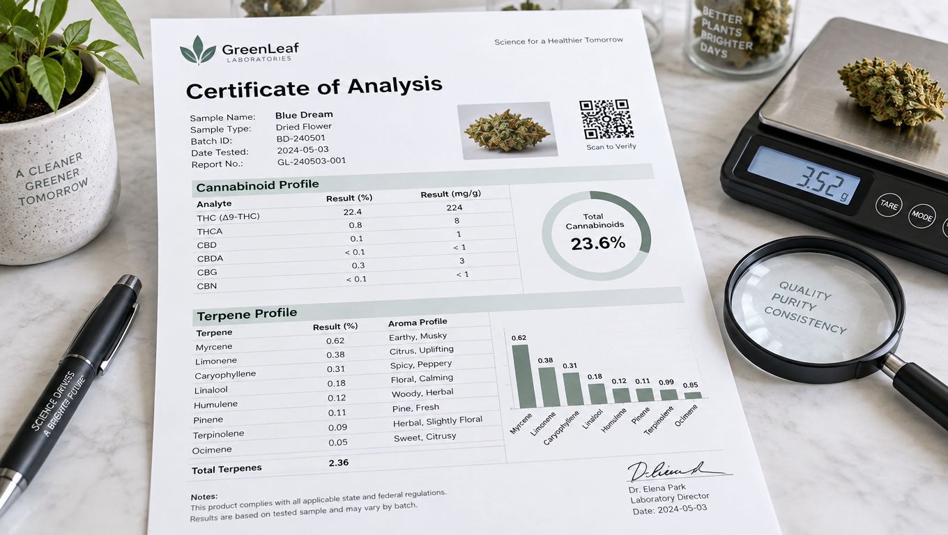 A professional laboratory certificate of analysis for Blue Dream dried flower cannabis displayed on a marble table.
