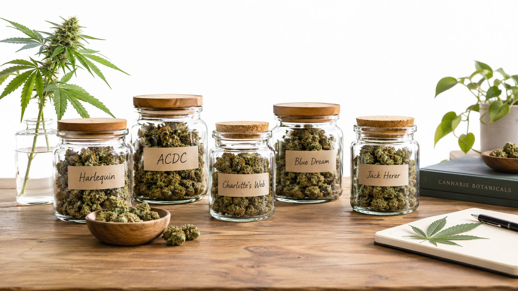 Glass jars filled with various medical cannabis strains labeled with names on a wooden table.